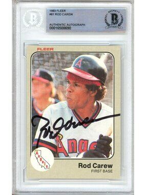 Rod Carew Signed 1983 Fleer #81 Los Angeles Angels HOF Beckett BAS Slab Auto MLB
